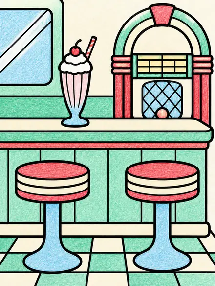 The same diner page colored in with pencils
